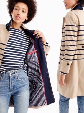 NWT Vintage J. Crew Tan/Beige Navy Sripe Trench Coat Jacket Size 0